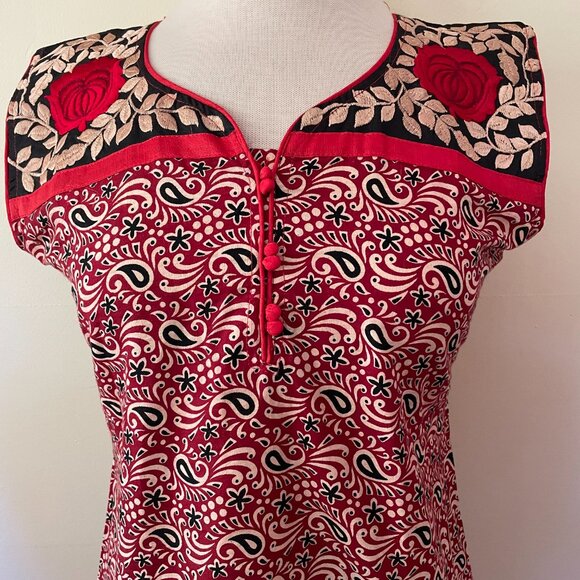 Cotton India Blockprint Embroidered Tunic Dress Roses & Paisley - Picture 2 of 10